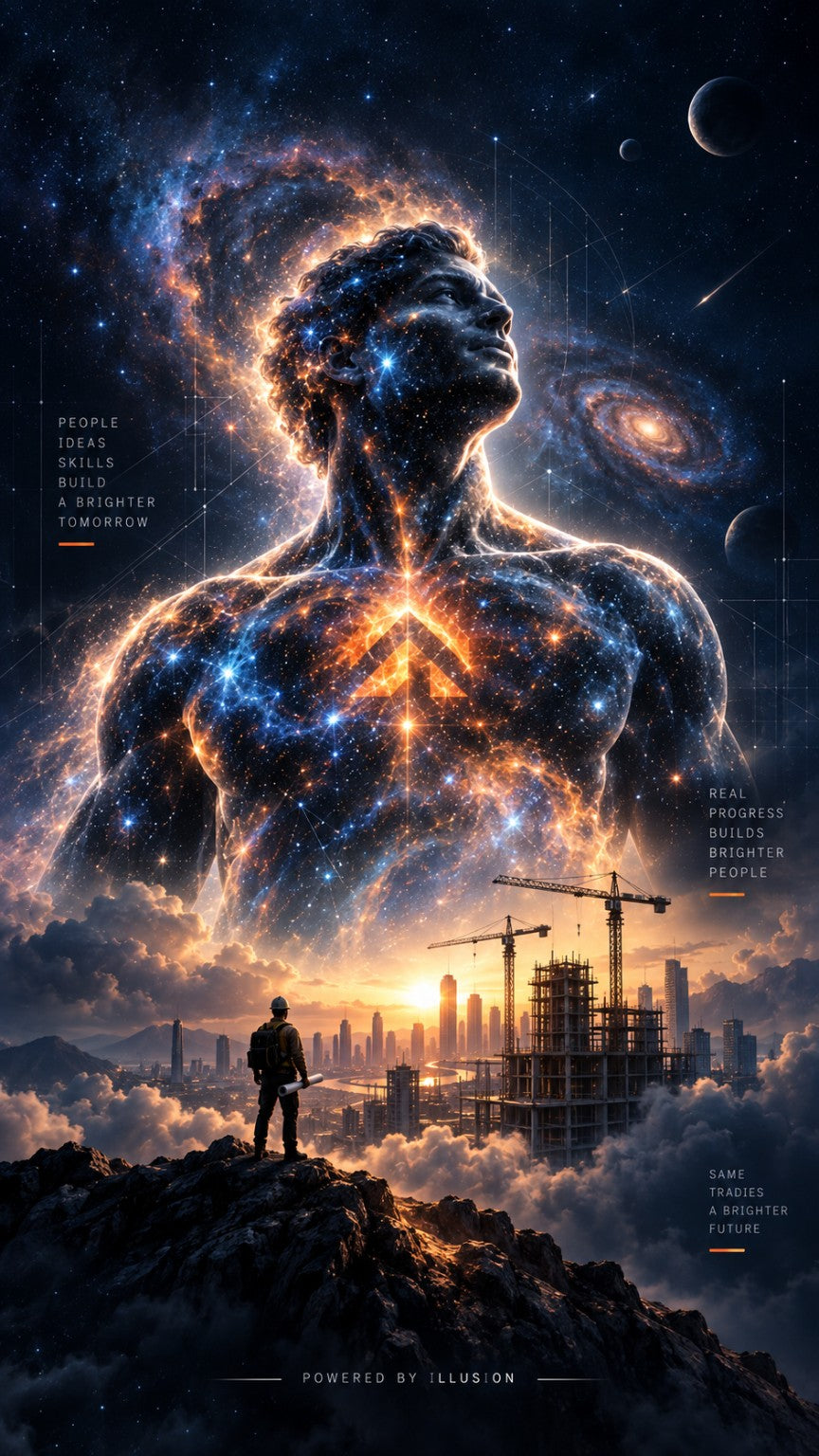Illusion, a cosmic figure with ConstructAhead’s orange mark above a construction skyline
